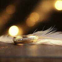 dois dourado Casamento argolas e pena - luz suave fundo , gerar ai foto