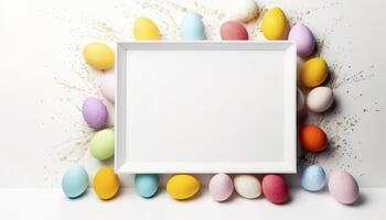 colorida Páscoa ovos com branco quadro, Armação cópia de espaço , generativo ai foto