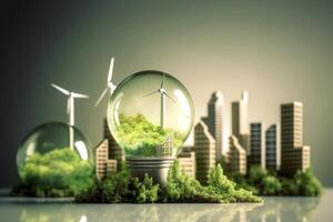 energia consumo e co2 gás emissões estão aumentando luz lâmpadas com verde eco cidade, renovável energia de 2050 carbono neutro energia, Salve  energia criativo idéia conceito, generativo ai. foto