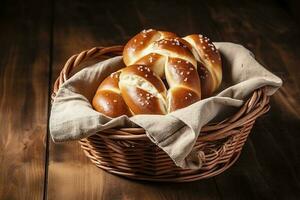 pretzel Gravetos e pretzel rolos, bávaro soda cáustica pão com sal dentro uma cesta, gerar ai foto