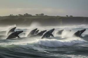 uma grupo do corcunda baleias violar Fora do a oceano com uma costeiro panorama dentro a fundo, gerar ai foto