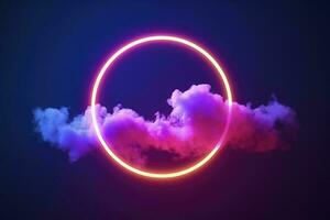 3d renderizar, abstrato nuvem iluminado com néon luz anel em Sombrio noite céu. brilhando geométrico forma, volta quadro, gerar ai foto