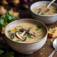 tigela do outono cogumelo cremoso sopa ai gerado foto