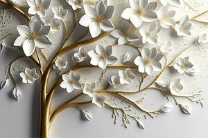 3d papel de parede floral árvore fundo com branco flor folhas e dourado tronco. interior parede casa decoração, gerar ai foto