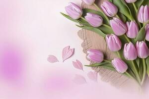 de madeira Rosa fundo com fresco Primavera tulipas e esvaziar cópia de espaço coração forma decoração fez do madeira , gerar ai foto