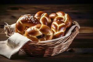 pretzel Gravetos e pretzel rolos, bávaro soda cáustica pão com sal dentro uma cesta, gerar ai foto