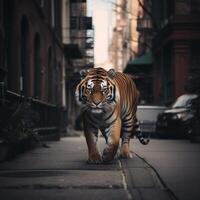 tigre é caminhando baixa uma cidade rua ai gerado foto