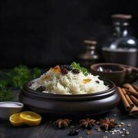 cozinhou arroz com temperos e passas de uva em Sombrio superfície refeição Comida arroz Oriental jantar suave luz, gerar ai foto