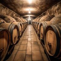 armazenamento do vinho dentro de madeira barris ai gerado foto