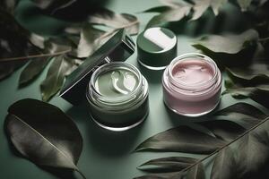 eco amigáveis cosméticos decorado com verde folhas, orgânico facial cuidados com a pele, Maquiagem e pele Cuidado Cosmético Unid. ai gerado imagem. foto