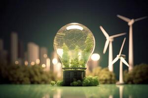 energia consumo e co2 gás emissões estão aumentando luz lâmpadas com verde eco cidade, renovável energia de 2050 carbono neutro energia, Salve  energia criativo idéia conceito, generativo ai. foto