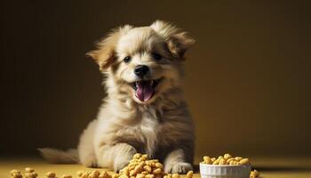 sorridente cachorro feliz com Comida , generativo ai foto