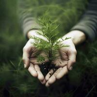 uma criança segurando uma plantar dentro seus mãos com uma verde fundo e luz solar brilhando através a folhas em a plantar, gerar ai foto