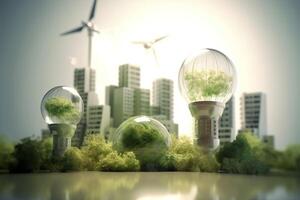 energia consumo e co2 gás emissões estão aumentando luz lâmpadas com verde eco cidade, renovável energia de 2050 carbono neutro energia, Salve  energia criativo idéia conceito, generativo ai. foto