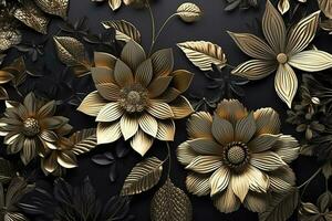 3d mural floral papel de parede. dourado e Preto flores e folhas. 3d render fundo parede decoração, gerar ai foto