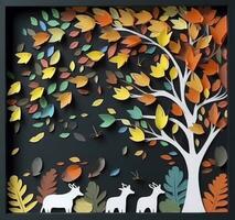 3d colorida ilustração do ginkgo folhas, cervo, e folhas dentro Sombrio fundo. minimalista pintado à mão tela de pintura arte parede quadro, Armação decoração, gerar ai foto