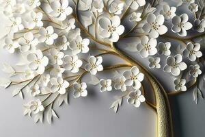 3d papel de parede floral árvore fundo com branco flor folhas e dourado tronco. interior parede casa decoração, gerar ai foto
