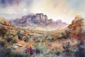 aguarela digital pintura do uma nascer do sol dentro a deserto do uma místico planeta, pastel cores com nuvens e rochas, generativo ai foto