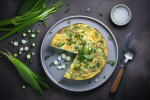 tradicional italiano vegetal fritada com abobrinha, Primavera cebola e queijo servido Como uma topo Visão em uma nórdico Projeto prato com cópia de espaço, gerar ai foto