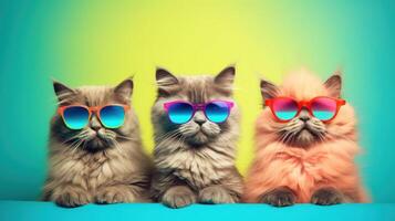 três legal gatos dentro oculos escuros. ilustração ai generativo foto