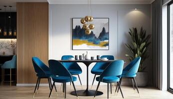 moderno interior do jantar quarto com azul cadeiras. ilustração ai generativo foto