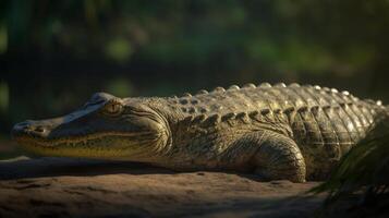 falso gavial ter banhos de sol perto Está lagoa ilustração ai generativo foto