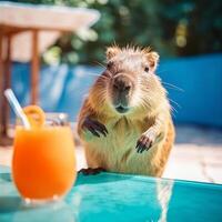 fofa capivara com verão coquetel. ilustração ai generativo foto