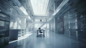artificial inteligência branco biblioteca Sala de aula dentro espaço, uma futurista biblioteca com uma muitos do livros com natural luz, fotorrealista 2050, gerar ai foto