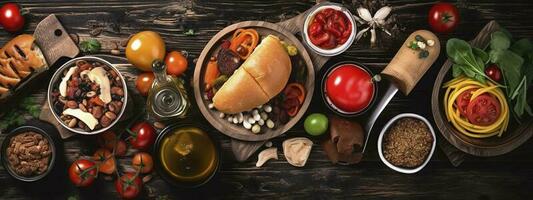 mesa cena com uma seleção do delicioso alimentos. topo Visão sobre uma Sombrio madeira bandeira fundo, gerar ai foto