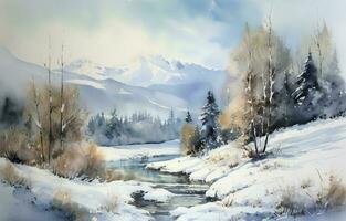 pintura uma aguarela panorama do uma inverno cena, apresentando uma coberto de neve floresta ou montanhas, e intrincado detalhes do flocos de neve, gelo, e congeladas fluxos, gerar ai foto