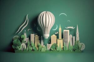 papel cortar do luz lâmpada com verde eco cidade , renovável energia de 2050 carbono neutro energia ou estufa gás emissão co2 , Salve  energia criativo idéia conceito , generativo ai foto