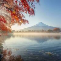 colorida outono estação e montanha Fuji com manhã névoa e vermelho folhas , gerar ai foto