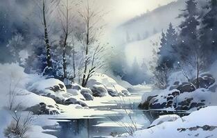 pintura uma aguarela panorama do uma inverno cena, apresentando uma coberto de neve floresta ou montanhas, e intrincado detalhes do flocos de neve, gelo, e congeladas fluxos, gerar ai foto