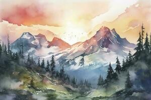 pintura uma aguarela panorama do uma montanha alcance com coberto de neve picos, apresentando uma vibrante pôr do sol céu e intrincado detalhes do pedras e árvores, gerar ai foto