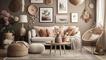 à moda e moderno boho inspirado vivo quarto com tapete, rattan mobília, travesseiros, plantas, foto parede decoração e pessoal acessórios. natural casa decoração, boho quarto interior, ai gerado imagem