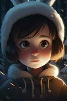 hiperdetalhado retrato ilustração dentro a estilo do Disney pixar e ilya kuvshinov, dentro uma mágico brilhando inverno floresta, chibi coelho, espumante branco pelagem, gerar ai foto