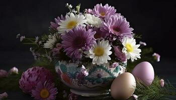 Páscoa ovo decoração com flor ramalhete, gerar ai foto