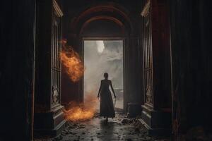 ilustração do pecaminoso maldição inferno portão com fumaça e chama generativo ai foto