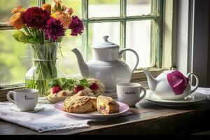 uma mãe dia arranjo com chá e scones dentro frente do uma brilhante janela, gerar ai foto