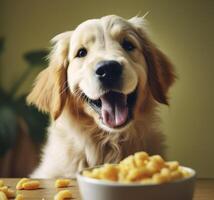 sorridente cachorro feliz com Comida , generativo ai foto