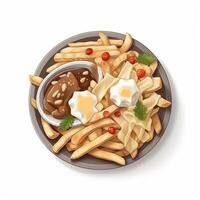 poutine é uma prato do frito batatas e queijo flocos, e coberto com Grosso molho. ai gerado. foto