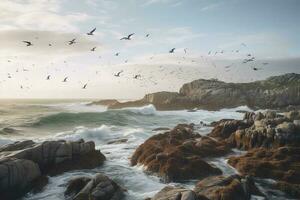 uma rebanho do gaivotas subindo sobre uma áspero litoral, gerar ai foto