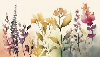 lindo abstrato aguarela colorida flor Projeto. aguarela floral desatado padronizar com colorida flores silvestres, folhas. colorida Primavera flor fundo com aquarela, gerar ai foto