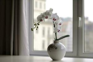 vaso com orquídea flores em branco mesa perto janela dentro de casa , gerar ai foto