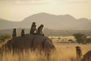 uma família do babuínos empoleirado em uma rochoso afloramento dentro uma savana paisagem, gerar ai foto