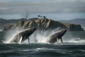 uma grupo do corcunda baleias violar Fora do a oceano com uma costeiro panorama dentro a fundo, gerar ai foto