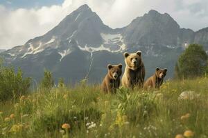 uma família do ursos jogando dentro uma campo do flores silvestres, gerar ai foto