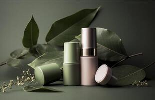 eco amigáveis cosméticos decorado com verde folhas, orgânico facial cuidados com a pele, Maquiagem e pele Cuidado Cosmético Unid. ai gerado imagem. foto