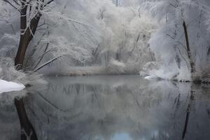 lindo inverno panorama lá estão neve, abeto árvores, montanha e lago dentro pintura estilo. generativo ai ilustração foto