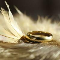 dois dourado Casamento argolas e pena - luz suave fundo , gerar ai foto